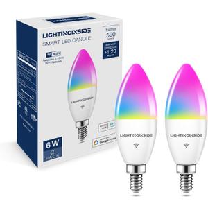 Lightinginside E12 Smart Light Bulbs 60W Equiv., Work with Alexa/Google Home/Smart Life, 500LM 6W RGBCW Candle Candelabra LED Light Bulbs, No Hub Required, 2.4G WiFi Bluetooth Bulb, ETL Listed, 2PCS (Multicolor)