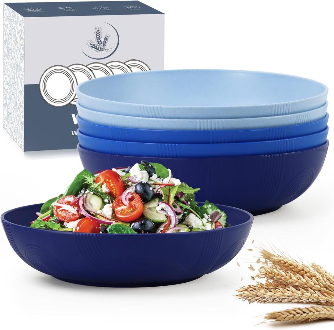 Wrova 10inch Wheat Straw Big Bowls Set of 6 - Large Salad Bowls 65oz set of 6 - Unbreakable Serving Bowls Microwave & Dishwasher Safe for restaurant - Big Plastic Bowls for Cereal,Salad - Ocean Series (Gradient Blue)