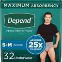 Depend FIT-FLEX Incontinence Underwear for Men, Maximum Absorbency, Disposable, S/M, Grey, 32 Count