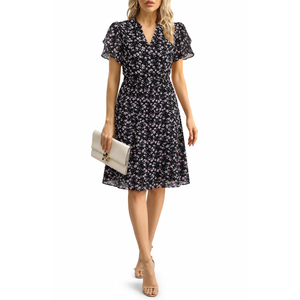 Womens Chiffon Summer Puff Petal Short Sleeve Dress V Neck Casual Work, Black Floral Small