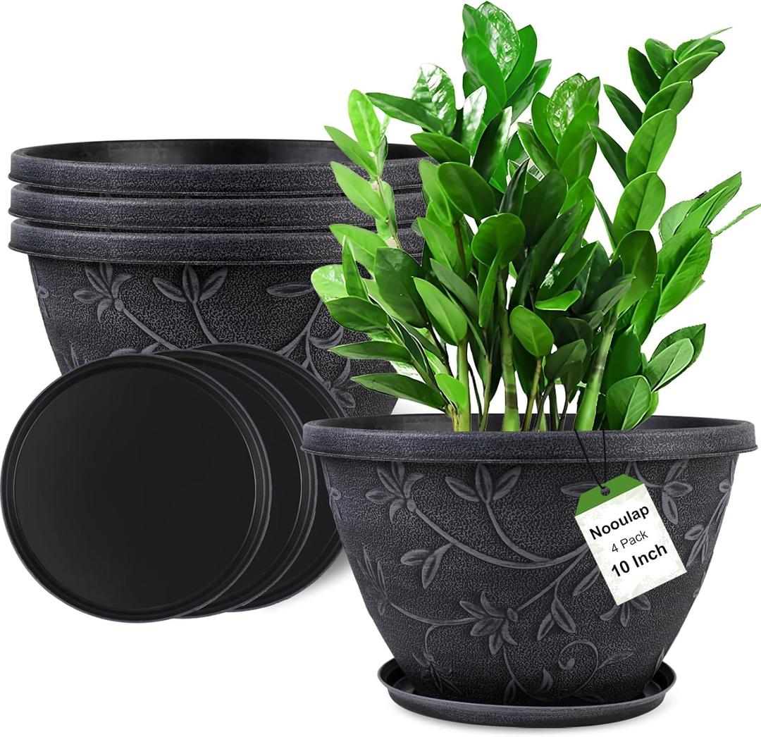Nooulap 4 Pack 10 Inch Plant Pot for Outdoor Indoor, Plastic Flower Pots with Drainage Hole & Saucer, Lightweight Small Resin Flower Pot, Imitation Magnolia Planter Pots for Garden House,Gray