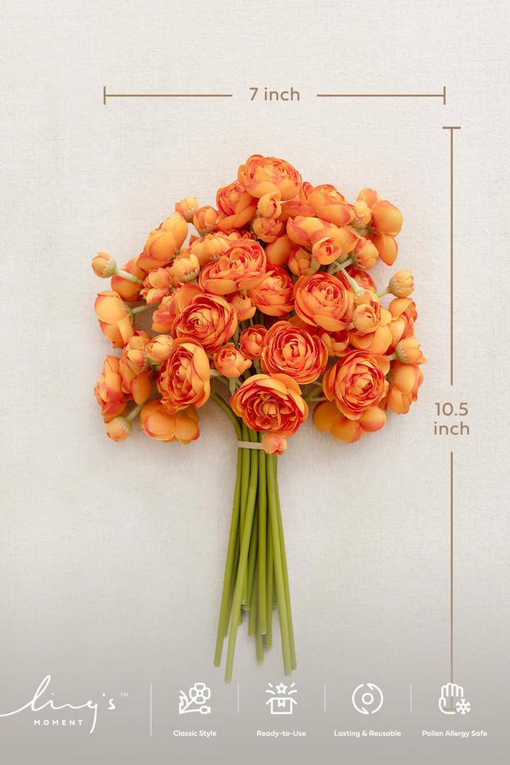 Ling's moment Ranunculus Artificial Flower, Faux Silk Mini Ranunculus Flowers for DIY Bouquet, Bulk Fake Wedding Filler Flowers for Centerpieces Arrangements Bridal Shower Decorations, Citrus Orange