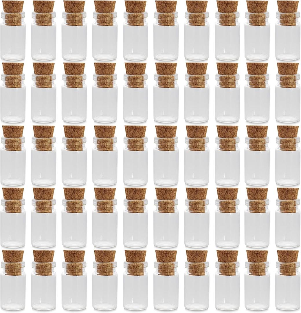 Clear Glass Jars Bottles 50 Pack Mini, Tiny, Cork Stoppers, Arts & Crafts, Projects, Decoration, Party Favors, 18mm x 10mm Diameter