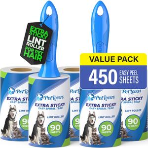 PetLovers Extra Sticky Lint Roller Mega Value Set 450 Sheets for Pet Hair Removal, Dog and Cat Lint Remover 5 Pack PetLovers Extra Sticky Lint Roller Mega Value Set 450 Sheets for Pet Hair Removal, Dog and Cat Lint Remover 5 Pack