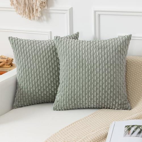Kevin Textile Throw Pillow Covers Soft Corduroy Decorative Set of 2 Boho Striped Pillow Covers Pillowcases Farmhouse Home Decor for Couch Bed Sofa Living Room 24x24 Inch Greyish Green