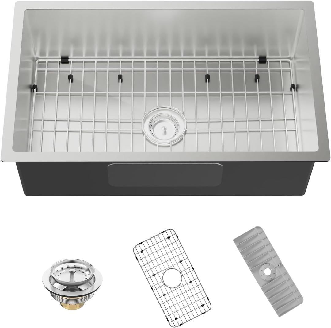 Kitchen Sink, 30x18 Inch Stainless Steel Drop In Kitchen Sink Modern Undermount Single Bowl Kitchen Sink Gift Combo-SS Grid,Silicon Mat,Drain Strainer Set Compatibility With Various Kitchen, Small