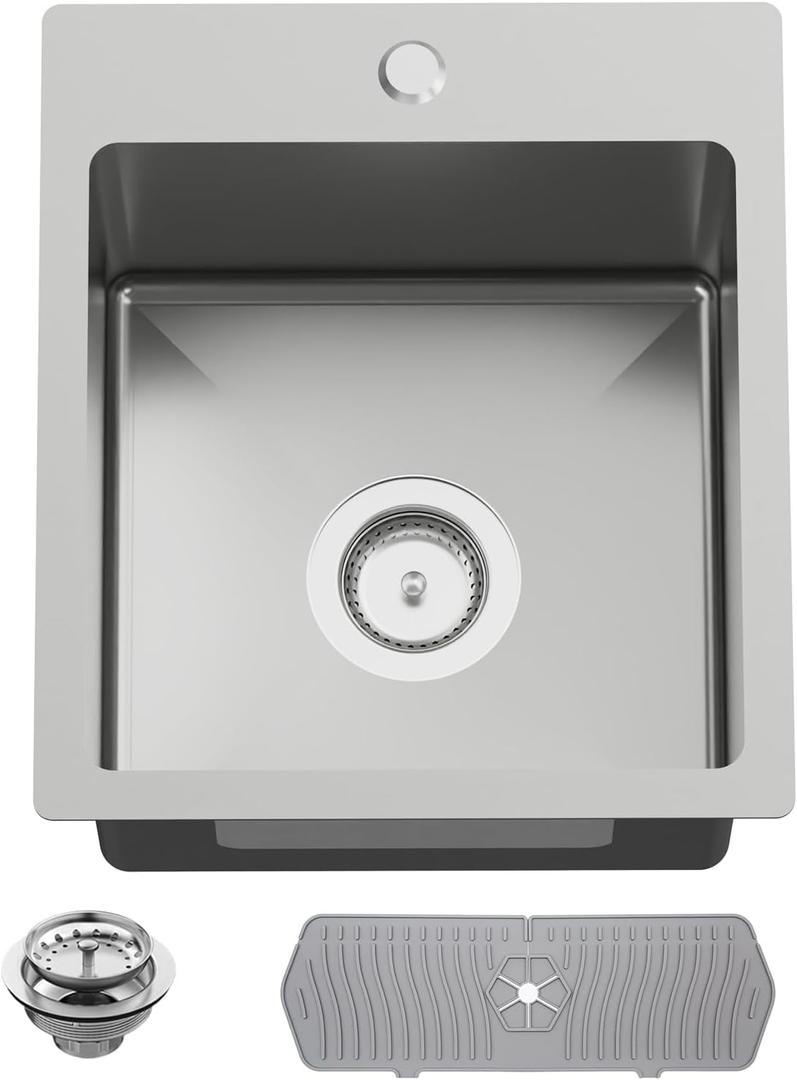 Kitchen And Bar Sink, 15x17 Inch Stainless Steel Drop In Kitchen Sink Modern Single Bowl Topmount Bar Sink Combo-Silicon Mat,Drain Strainer Set Compatibility With Various Kitchen & Bar Style, 15x17x9 Inches