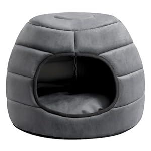 Hollypet Coral Velvet Cat Bed, 16×16×12.5 inches 2 in 1 Foldable Cave, Self-Warming High Elastic Foam Pet Bed for Cats, Dark Gray