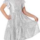GRACE KARIN Girls Silver Sequin Dress Ruffle Sleeve Formal Party Pageant Dress Size 7