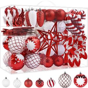 Alupssuc 128pcs Christmas Balls Ornaments Set, Shatterproof Plastic Baubles Christmas Flowers, Ribbon, Tree Topper for Xmas Tree Holiday Wedding Party Decorations with Hanging Strings, Red and White