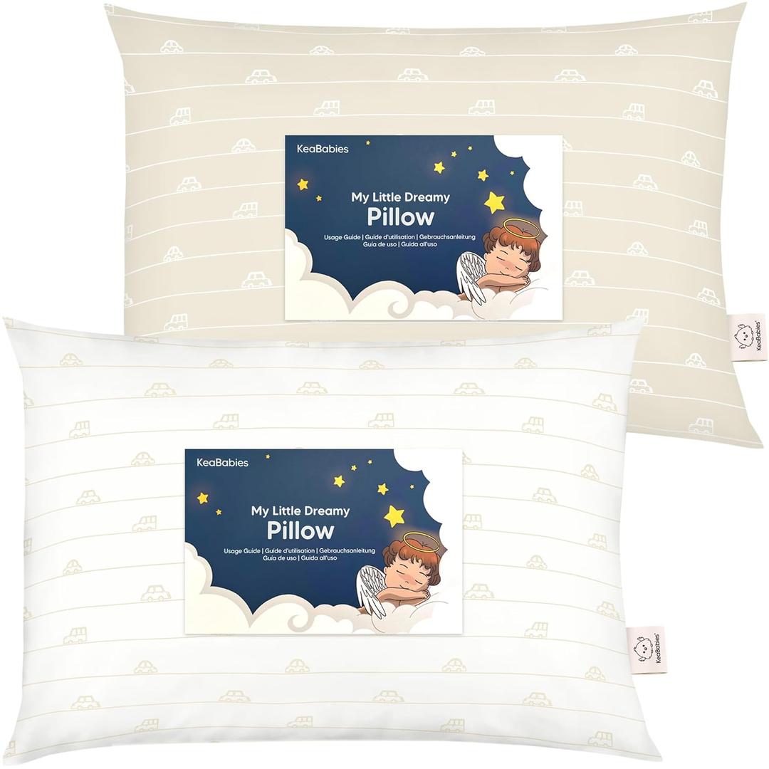 KeaBabies 2-Pack Toddler Pillows 2 Year Old to 5-13x18 Soft Organic Cotton Kids Pillow for Sleeping, Travel, School, Daycare, Nap, Toddler Bed, Machine Washable, Without Pillowcase (City Cars)