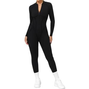 Jumpsuits for Women Workout Backless Zipper Bodysuit Long Sleeve Gym Yoga Leggings One Piece Romper (Medium, Black)