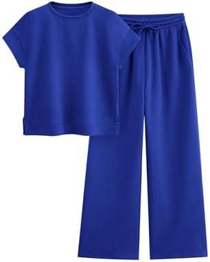 PRETTYGARDEN 2 Piece Outfits For Women Casual Tracksuit Short Sleeve Tops And Wide Leg Long Pants Matching Lounge Sets, M, Blue 