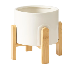 La Jolie Maison White Planter with Wood Stand, 9 Inch Ceramic Planter for Indoor Plants, Large Modern Planter Pots with Drainage Hole