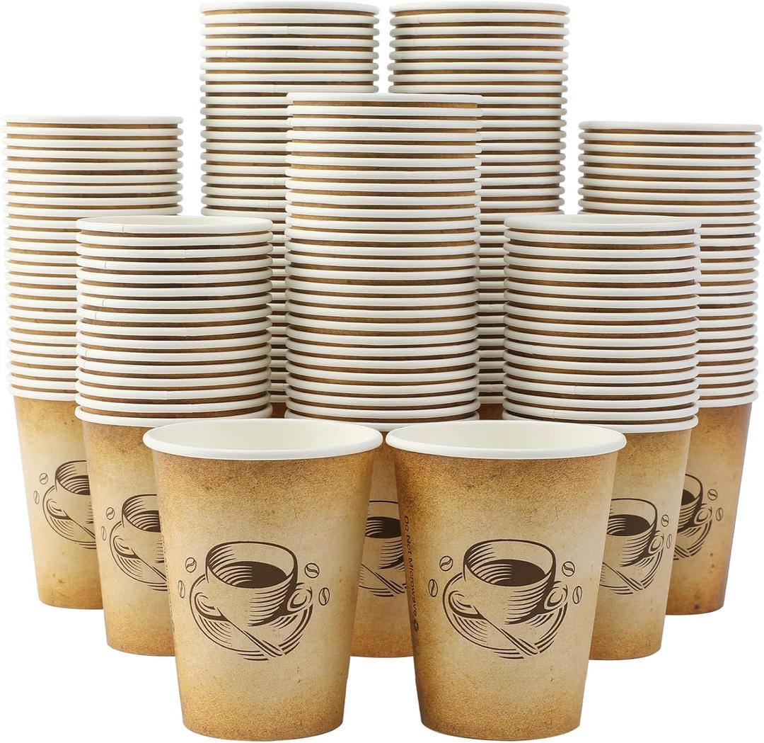 300 Pack 12oz Paper Coffee Cups, Hot/Cold Beverage 12oz Disposable Coffee Cups, Retro Design, Leak-Proof, Hot or Cold Drink, Cocoa, Chocolate, Coffee Bar Supplies