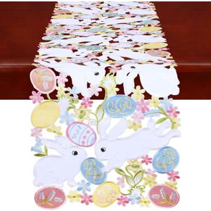 Simhomsen Embroidered Bunny and Colorful Eggs Table Runners for Easter Holiday or Spring Season (14 x 34 inches)