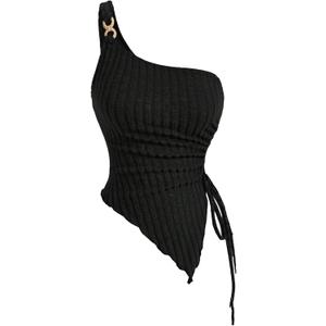 Floerns Women's One Shoulder Sleeveless Knitted Drawstring Asymmetrical Hem Ruched Tube Top (X-Large, Black)
