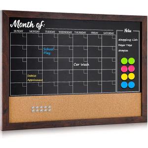 4 THOUGHT Chalkboard Calendar Corkboard Combo, 18" x 24" Bulletin Board Magnetic Calendar Chalkboard for Wall Combination Board Monthly Planner Rustic Brown Frame 4 Markers 8 Magnets 10 Pushpins