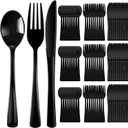 Minatee 150 Pieces Disposable Cutlery Set Plastic Silverware Heavy Duty Utensil Sets 50 Forks 50 Knives 50 Spoons for Home Office School Party Picnics Restaurant Outdoor Events(Black)
