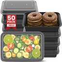 38oz Meal Prep Containers [50-Pack], Reusable Bento Box with Easy-Snap Leakproof Lids - Microwave, Dishwasher & Freezer Safe Food Storage, BPA-Free Plastic Lunch Containers (Black)