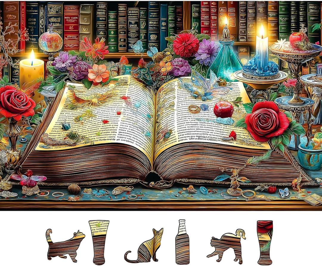 Books Jigsaw Puzzles 500 Pieces, Vintage Magic Flowers Library Puzzle for Adults Challenging for Game Nights Family Fun Decoration, Finished Size 23 x 15 inch
