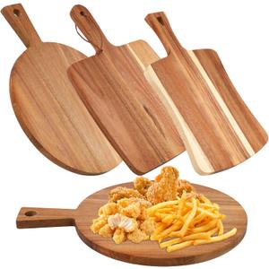3 PCS Acacia Wood Cutting Board with Handle Wooden Large Paddle Carving Chopping Charcuterie Board Set Butter Serving Tray for Cheese Meat Fruit Pizza Bread Baking