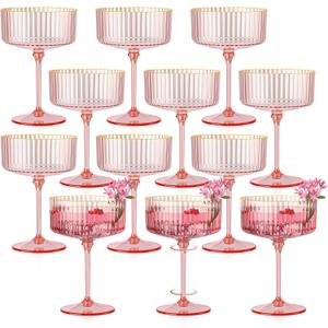 12 PCS Ribbed Coupe Glasses Pink Plastic Champagne Coupe Cup 10oz Detachable Gold Rim Espresso Martini Glass Vintage Margarita Glassware Cocktail Glass for Wedding Bachelorette Party