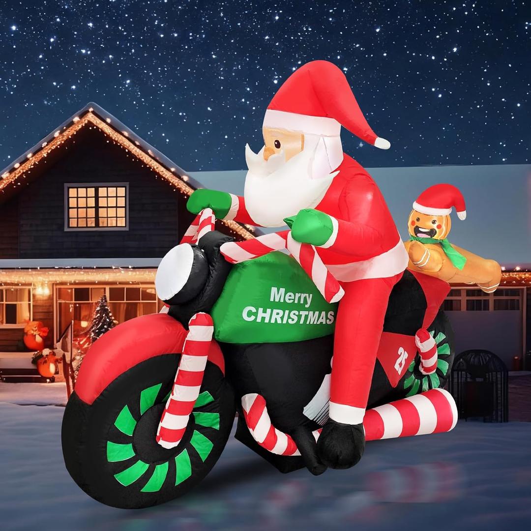 6FT Christmas Decoration Inflatable Santa Riding Motorcycle with Gingerbread Man Lighted Blow Up Santa Claus Outdoor Decor for Holiday, Party, Yard, Lawn, Garden, Winter Festive Display Fun