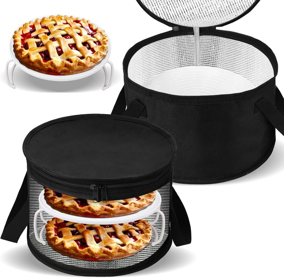 Yaomiao 2 Set Round Pie Carrier 11 x 7 Inch with Dish Tray Plate Stacker Insulated Casserole Carrier with Lid and Handle Reusable Cooler Thermal Bag for Cold Food for Potluck Picnic (Black)