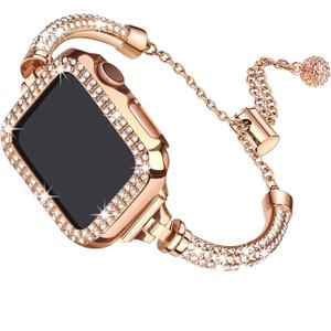Secbolt Bling Band and Case Compatible with Apple Watch Band 38mm 40mm 41mm 42mm 44mm 45mm, Women Dressy Metal Bracelet with Rhinestone Bumper for iWatch Series 9/8/7/SE/6/5/4/3/2/1