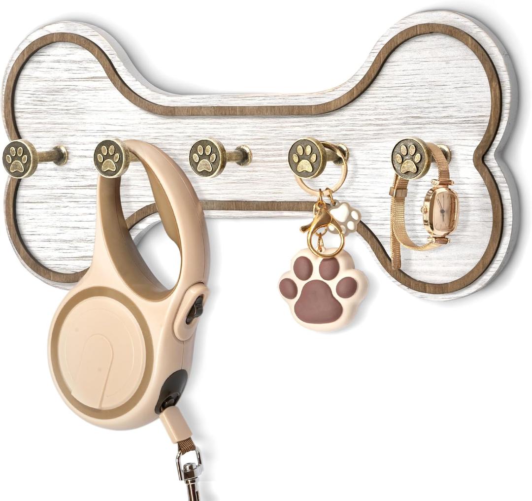 MTERSN Rustic Farmhouse Dog Leash Holder for Wall - Decorative Key Hooks Wall Mount with Bone Shape and Coat Hanger for Entryway - Pets Accessories Storage for Dog Lover Gifts (Distressed White)