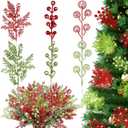 48 Pcs 12 Inch Christmas Tree Picks Christmas Red Green Artificial Curly Berry Stems Ornaments Glitter Artificial Berry Stems Branches Decorative Sticks for Xmas Tree Topper Wreath Craft Vase Filler