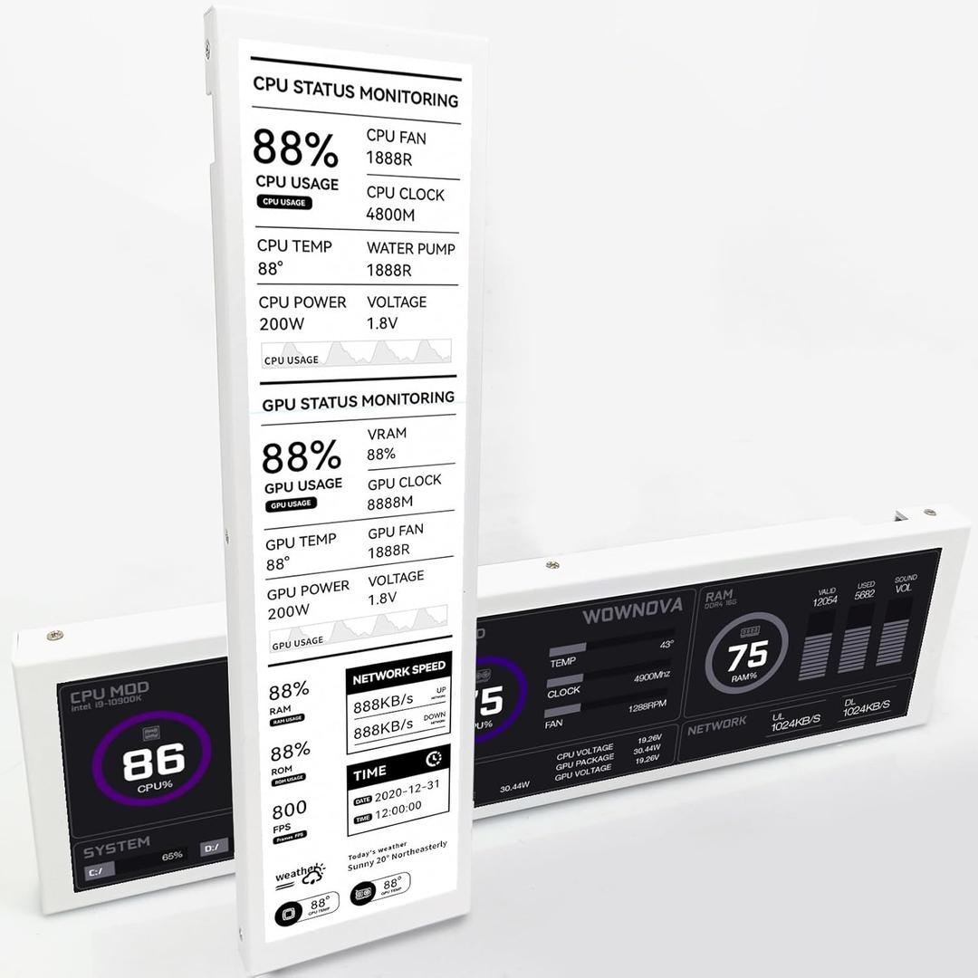 WOWNOVA 8.8" Computer Temp Monitor (Dynamic Theme Supported), 1 Click 1 Cable to Get Started Quickly PC Temperature Display Sensor Panel IPS Mini Secondary Screen CPU RAM HDD Data FPS Monitor (White)