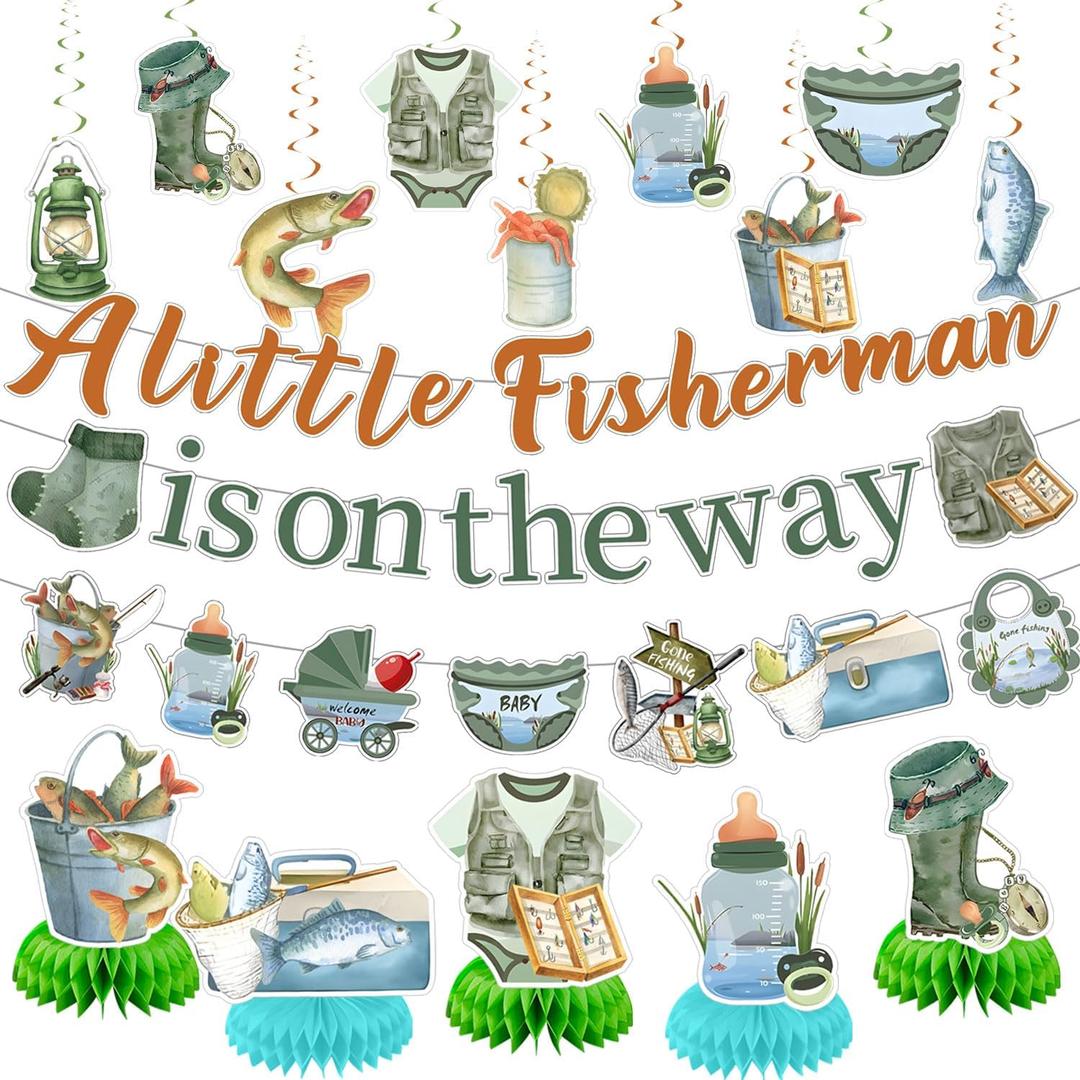 Fishing Baby Shower Party Decorations Gone Fishing Birthday Party Decor Supplies Includes Happy Birthday Banner A Little Fisherman Is on the Way Honeycomb Centerpiece