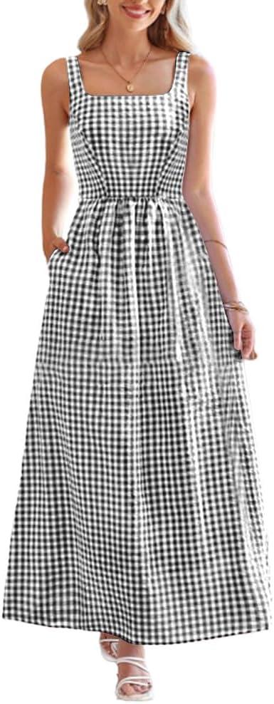 chouyatou Women's Summer Plaid Smocked Back Dress Spaghetti Strap Swing Flowy Maxi Long Beach Dress S