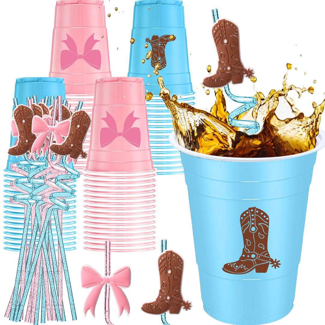 Jingmore 24 Set 16 oz Plastic Cups with Straws, Disposable Party Cups for Birthday Party Theme Parties Beverage Drink Tableware Supplies(Boots or Bows)
