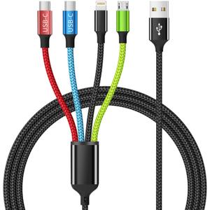 Dual Type-C 4 in 1 Multi Charging Cable [1Pack 5FT], Nylon 4 in 1 Charging Cable, Multi Chargers for All Devices with IP/Type C/Micro Port, Compatible with Most Cell Phones/Tablets and More (Red_Blue)