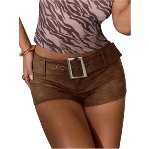 Floerns Women's Y2k Leather Mini Shorts Low Rise Buckle Belt Skinny Night Out Short Pants (Brown)