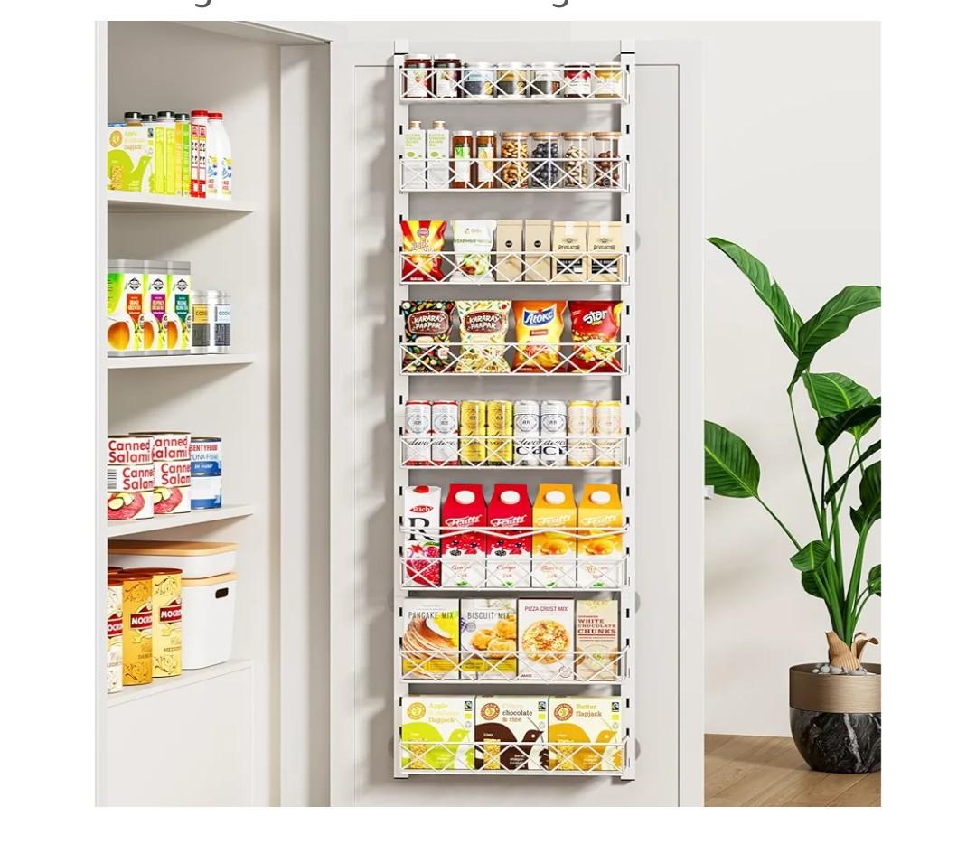 MIAOLI Over the Door Organizer, White 8-Tier Pantry Door Organizer with Adjustable Basket, Hanging Spice Rack Cabinet Door Shelves, Laundry Room Organization and Storage