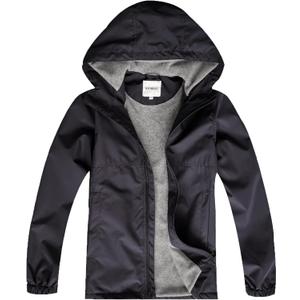 Boys Girls Rain Jackets Waterproof Hooded Fleece Raincoats Lightweight Windbreakers for Kids, Black, 9-10