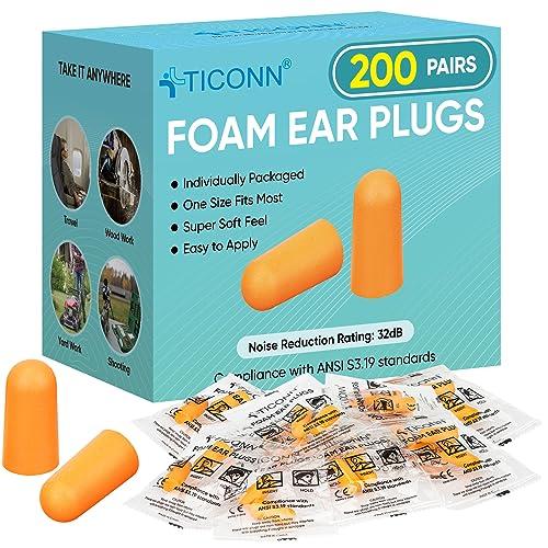 TICONN 200 Pairs Foam Ear Plugs, Individually Wrapped 32dB NRR Noise Reduction Earplugs for Sleeping Hearing Protection Travel Study Concentration Construction Site (200 Pairs)