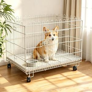 Foldable Pet Playpen Dog Crate 2 in 1 with Removable Tray 34.6 x 24 x 28 in Bold Metal Pet Kennel with Wheel Adjustable Base Height Heavy-Duty Portable Fence Cage for Indoor Outdoor Dog Animal (White)