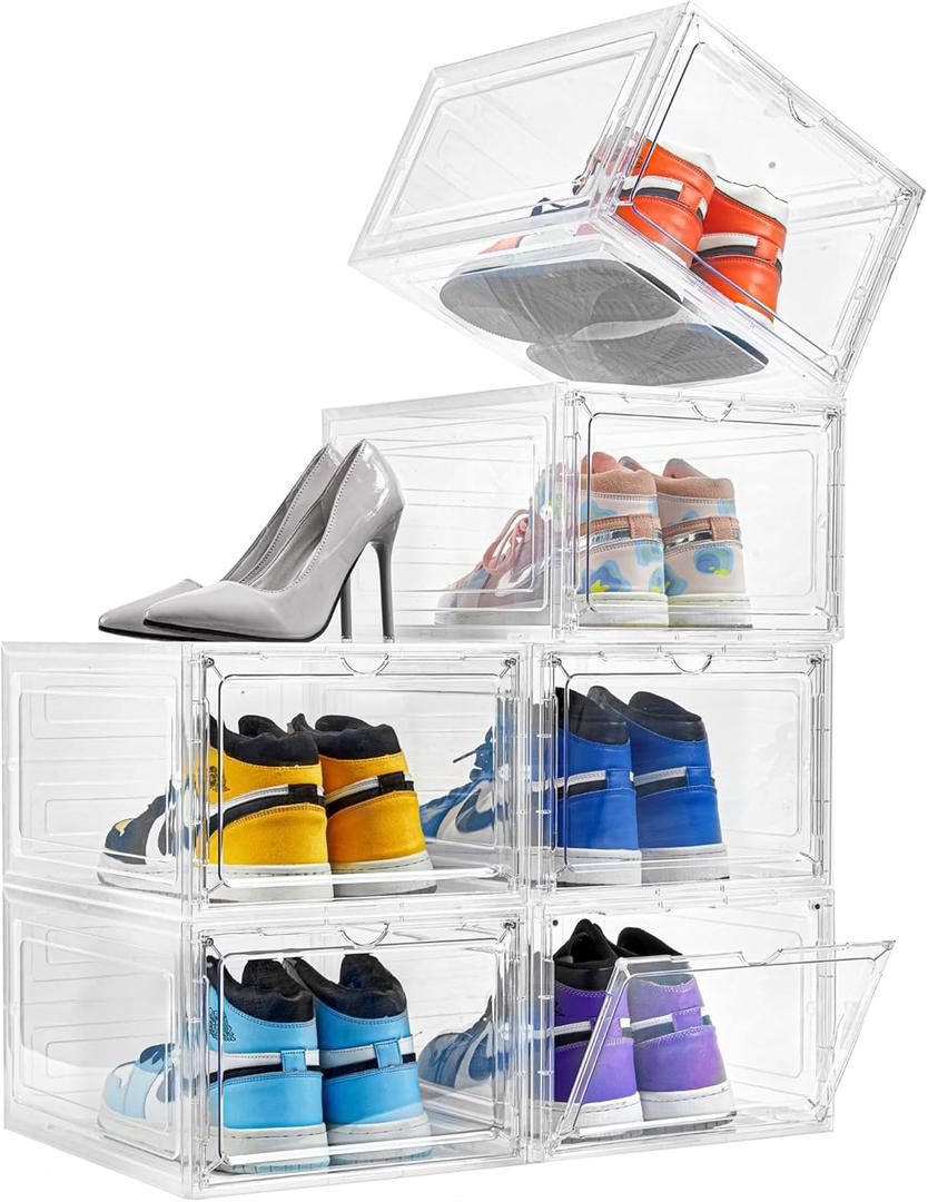 Attelite Shoe Box Organizer,Set of 6,Stackable Plastic Shoe Box with Clear Door, Shoe Storage Box Containers,For Display Sneakers,Easy Assembly,Fit up to US Size 12(13.4x 10.6x 7.4) (XL-6-pcs)