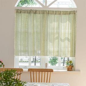 Sutuo Home Green Boho Curtain 52W x 18L inch White Striped Light Filtering Short Valance, 1 Panel Embroidery Bohemian Farmhouse Country Kitchen Window Treatment Decor for Small Closet