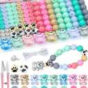 124PCS FIVEIZERO Silicone Focal Beads for Keychain Making, Animal Bear, 15mm Round 12mm Lentil & 10mm Rhinestone Beads for Pens, Bracelets & Crafts with Elastic Cord & Scissors