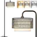 PARTPHONER 68Floor Lamp for Living Room, Tall Standing Lamp with Remote 3 Color Temperatures Dimmable Bulb, Gray Rattan and Fabric Dual Shades