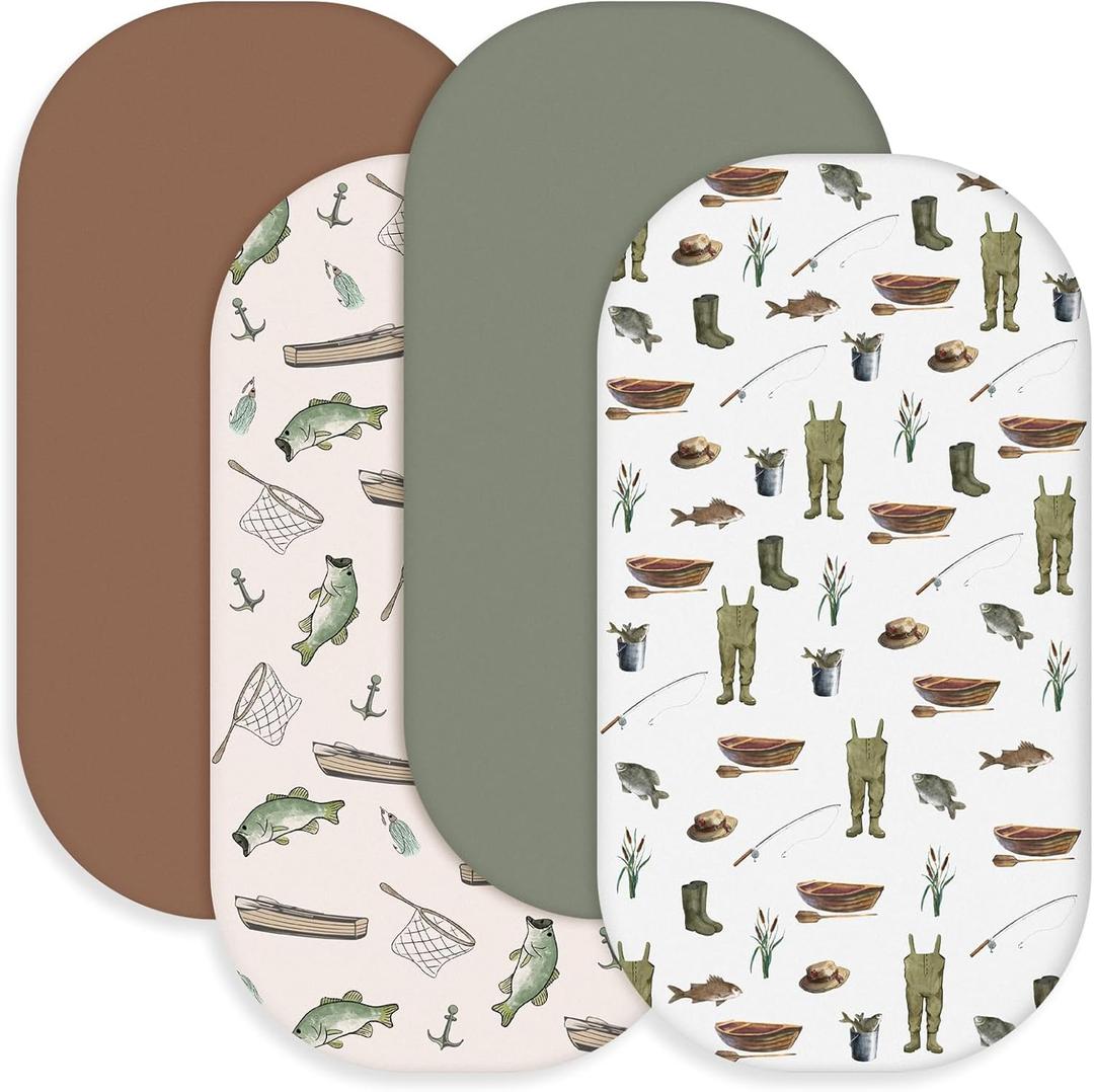 Lounsweer 4 Pack Fishing Bassinet Sheets 32 x 16 x 4 Inches Stretchy Neutral Fitted Baby Fishing Bassinet Mattress Sheets for Standard Mattress Gift Set