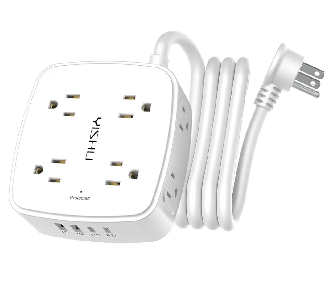 Surge Protector Power Strip - YISHU 8 Widely Outlets with 2 USB-C(PD 30W) and 2 USB-A Ports, 3 Side Outlet Extender with 6Ft Flat Plug Extension Cord, Wall Mount, Desk USB Charging Station, ETL,White