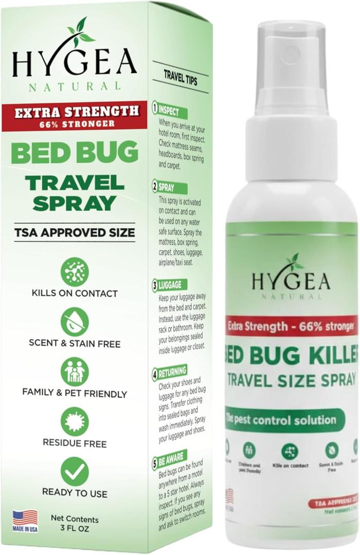 Hygea Natural Extra Strength Bed Bug Killer & Mite Travel Spray,TSA Approved Size, Child & Pet-Friendly, Stain & Odor Free, for Hotel, Suitcase, Backpack, Shoes, 66% Stronger Natural Formula(3oz)