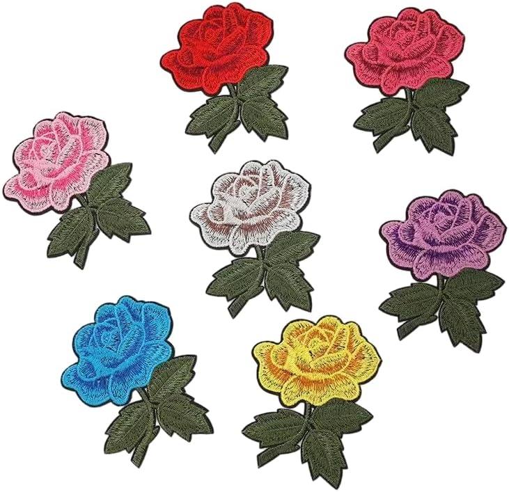 7 PCS Rose Flower Embroidered Applique Iron On Sew On Patches for Valentine's Day Decoration